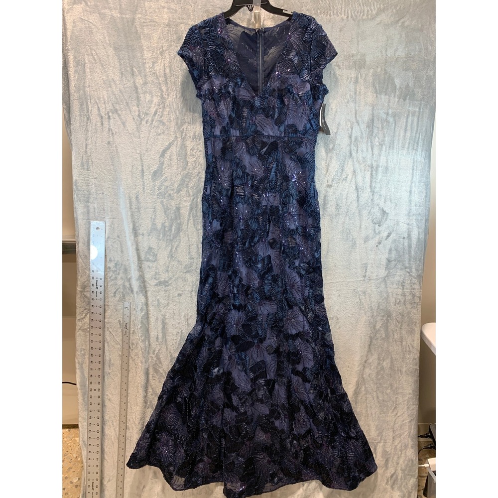 Betsy & Adam Navy Floral Embroidered Sequin V-Neck Maxi Gown A26935 Size 12